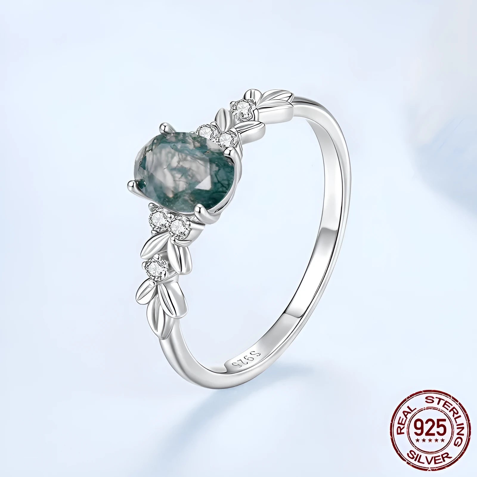 S925 sterling silver ring with natural seaweed agate centre, retro court style, geometry shape, available in size No 6, No 7, No 8