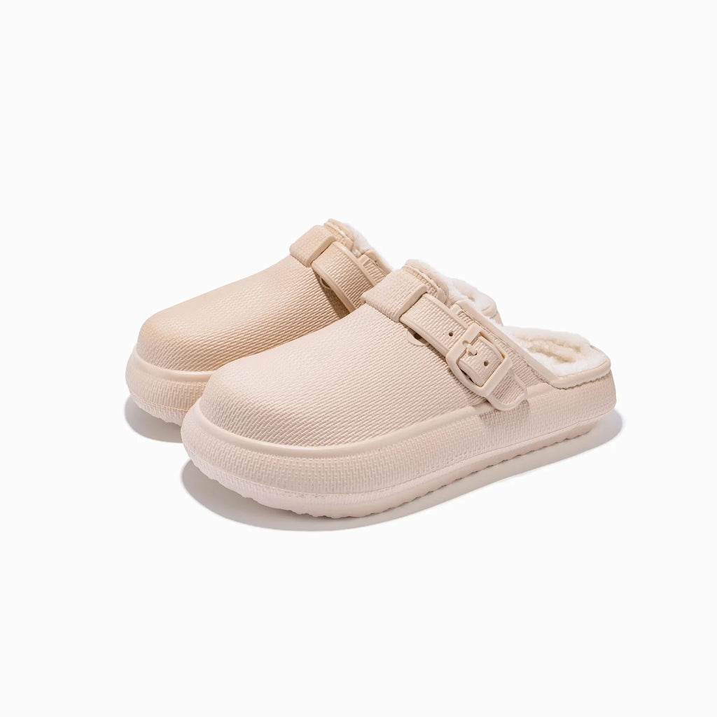 Beige indoor women's cotton slippers on floor, round head, EVA sole, half-pack heel