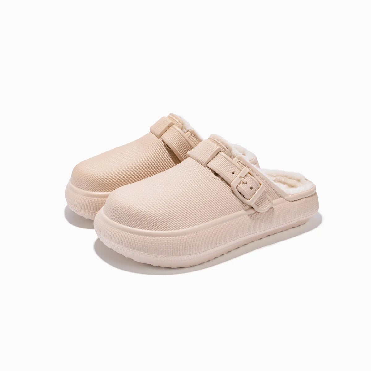 Beige indoor women's cotton slippers on floor, round head, EVA sole, half-pack heel