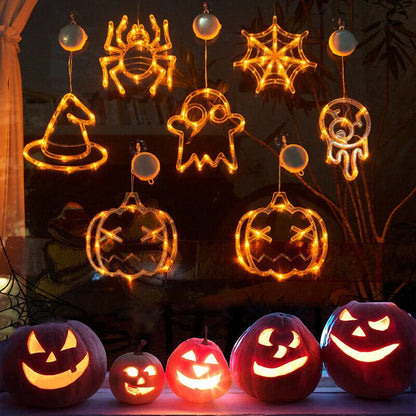 Spooky Halloween window hanging lights featuring pumpkins, spiders, and ghostly figures for a festive atmosphere