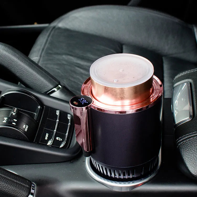 Black 2-in-1 car cup heater and cooler with digital display inserted in a vehicle cup holder.