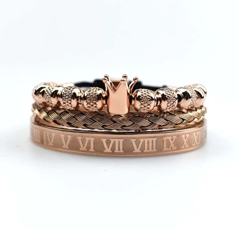 Men's adjustable stainless steel crown charm bracelet with zircon accents in rose gold, silver, black, and gold finishes