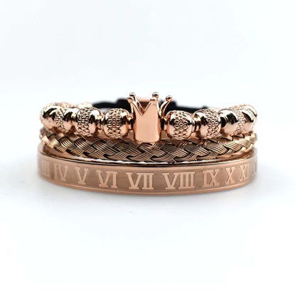 Men's adjustable stainless steel crown charm bracelet with zircon accents in rose gold, silver, black, and gold finishes
