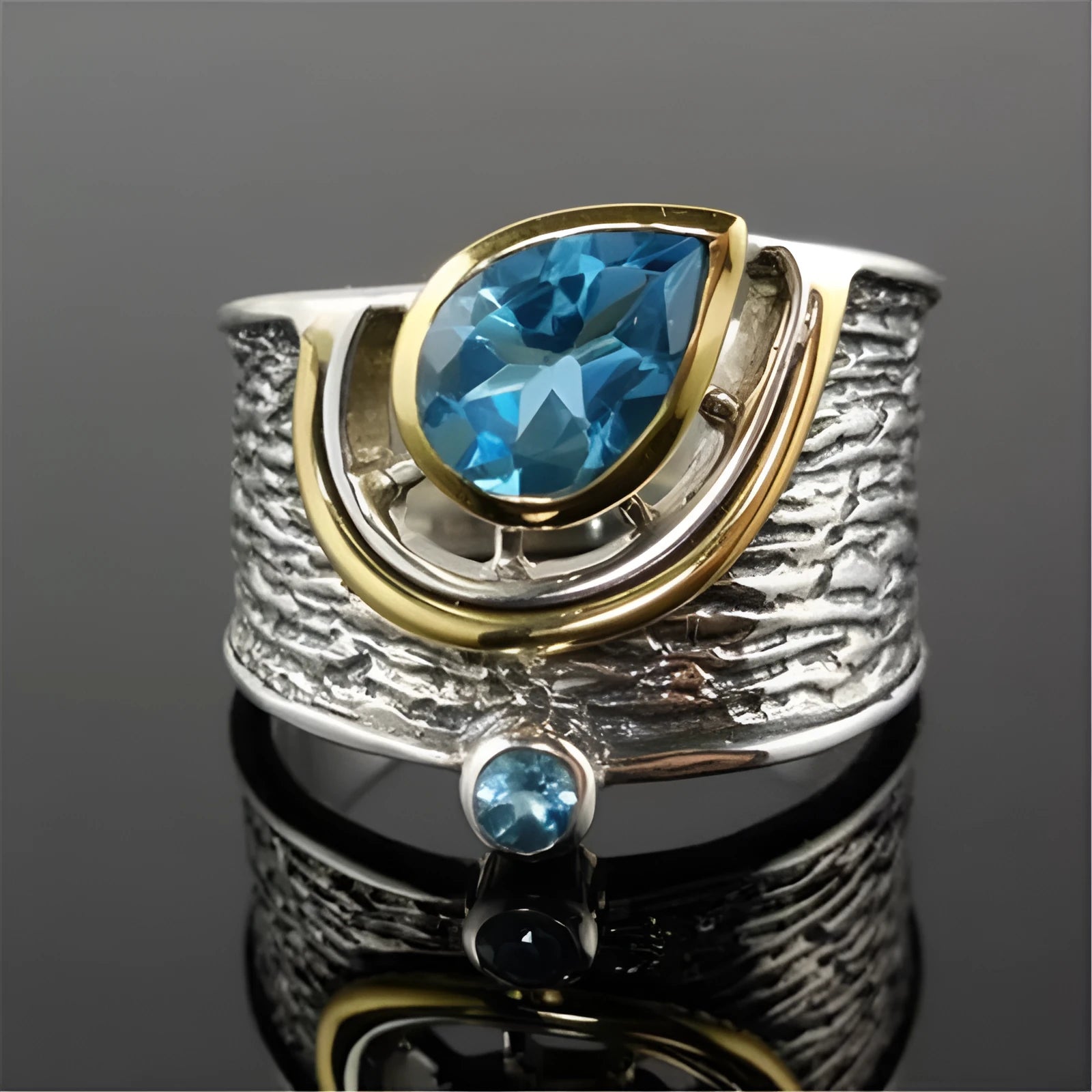 Women's Chinese style blue zircon ring with drop shape design and alloy metal construction