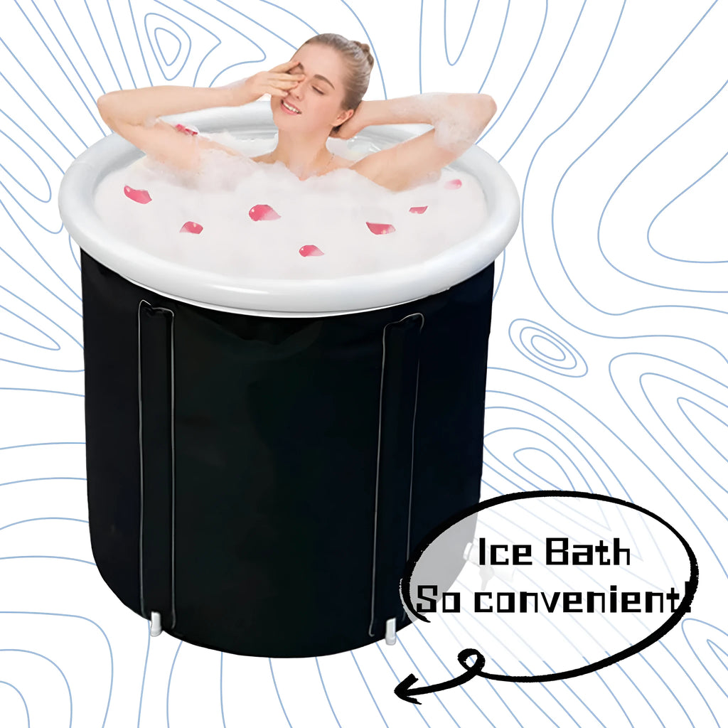 Black inflatable PVC ice bath tub measuring 70x80cm with weather lid and insulation for cold therapy