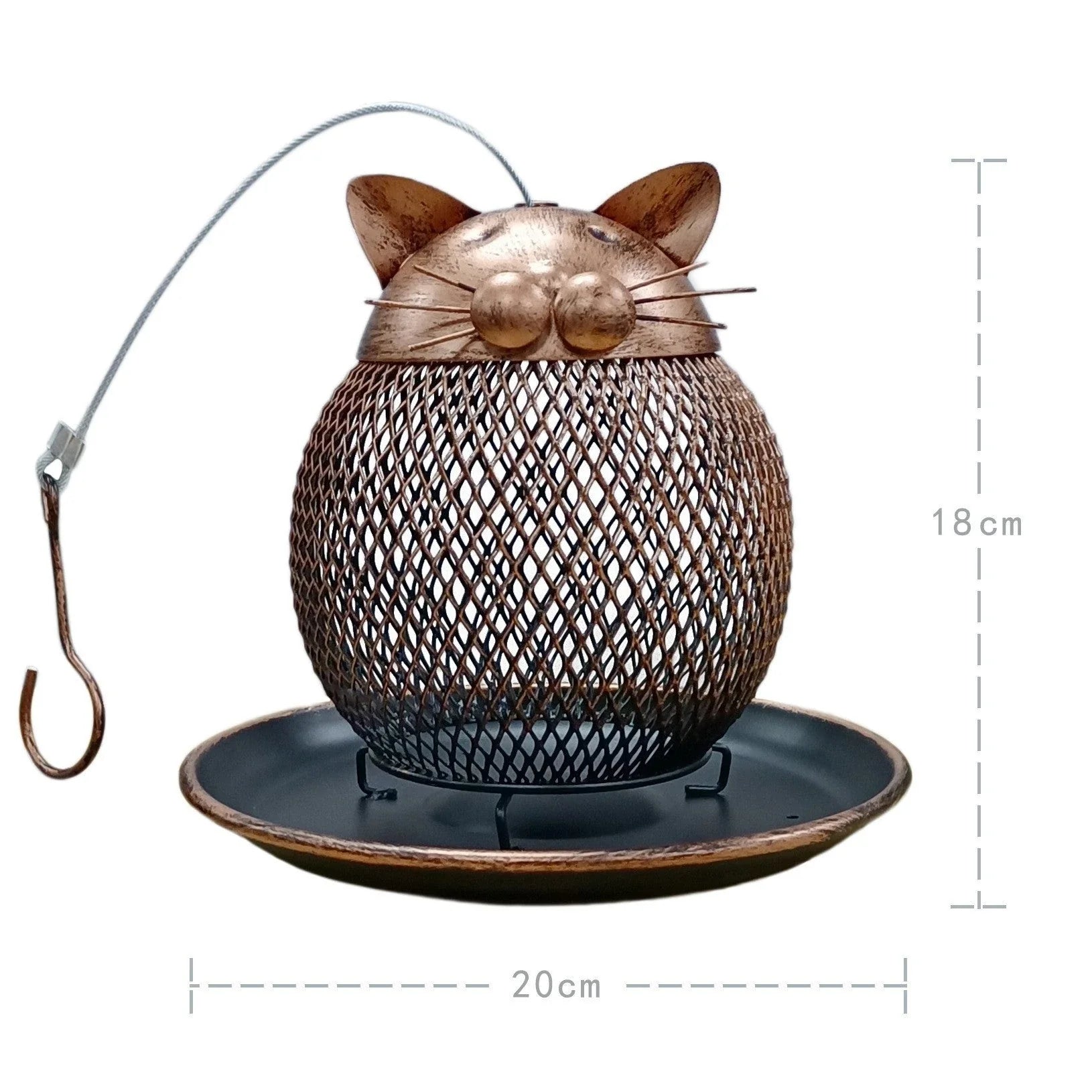 Vintage cat-shaped iron bird feeder with mesh design for garden decoration