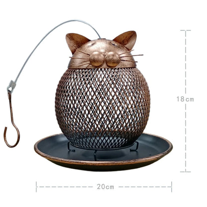 Vintage cat-shaped iron bird feeder with mesh design for garden decoration