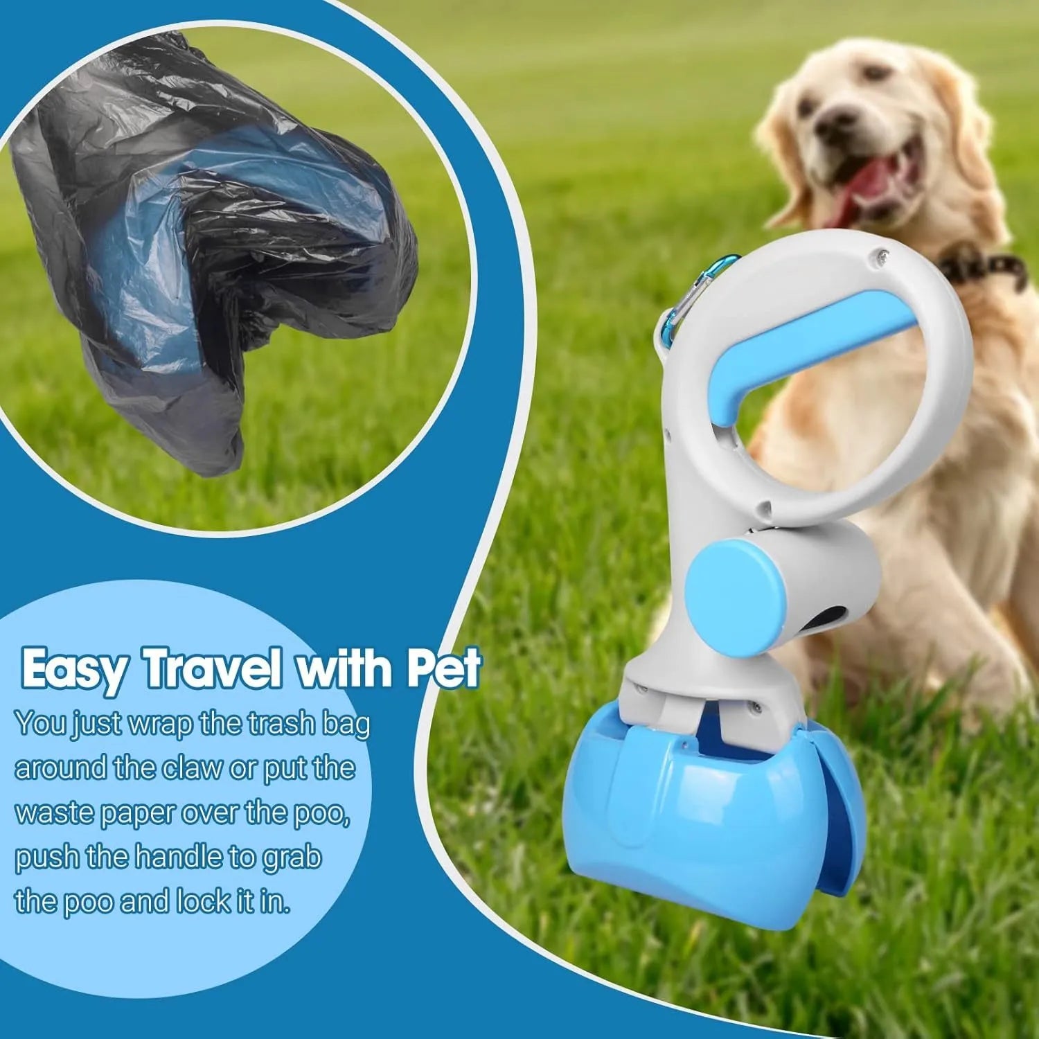 ABS plastic pet pooper scooper with integrated trash bag holder in blue colour