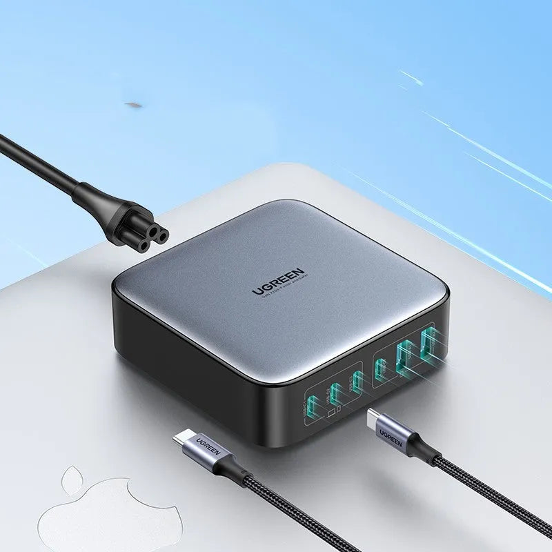100W Gallium Nitride multi-port fast charger plug on a white background.