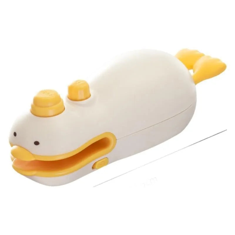 Small Yellow Duck shaped rechargeable bag sealer with animal jacquard pattern and USB cable.