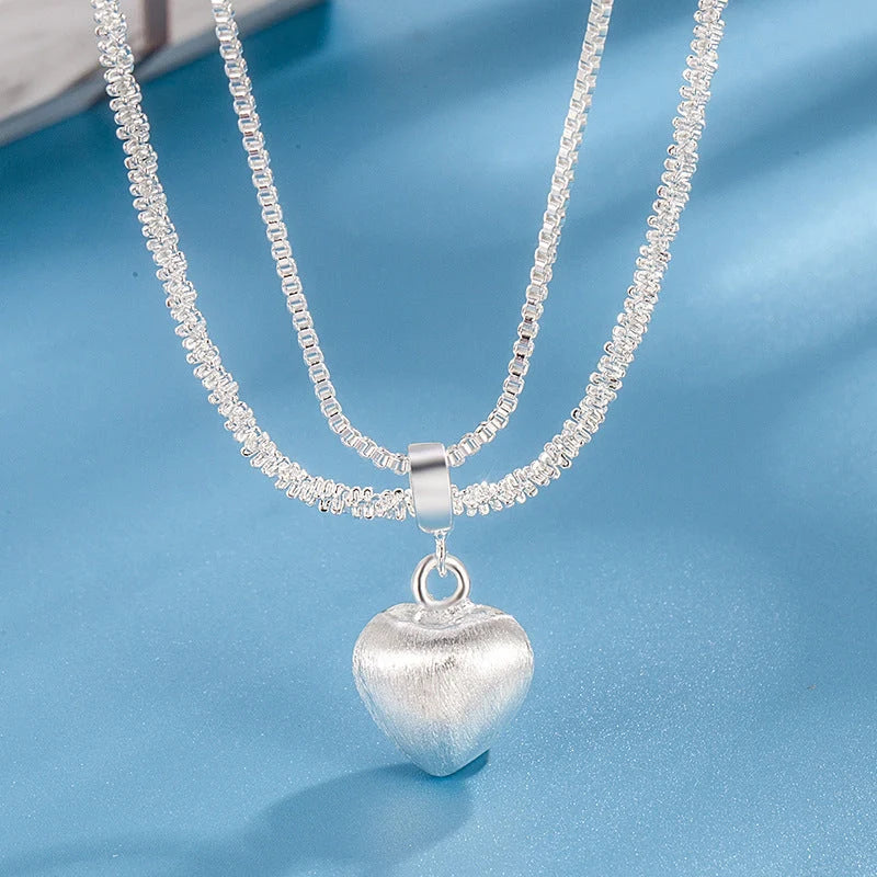 Double layer brushed heart pendant necklace for women, copper electroplated fashion jewelry