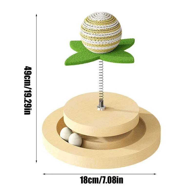 Green sisal cat scratching pad with interactive ball track and springs for indoor feline play