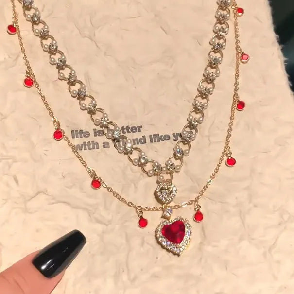 Red double layer necklace with heart pendant on adjustable alloy chain