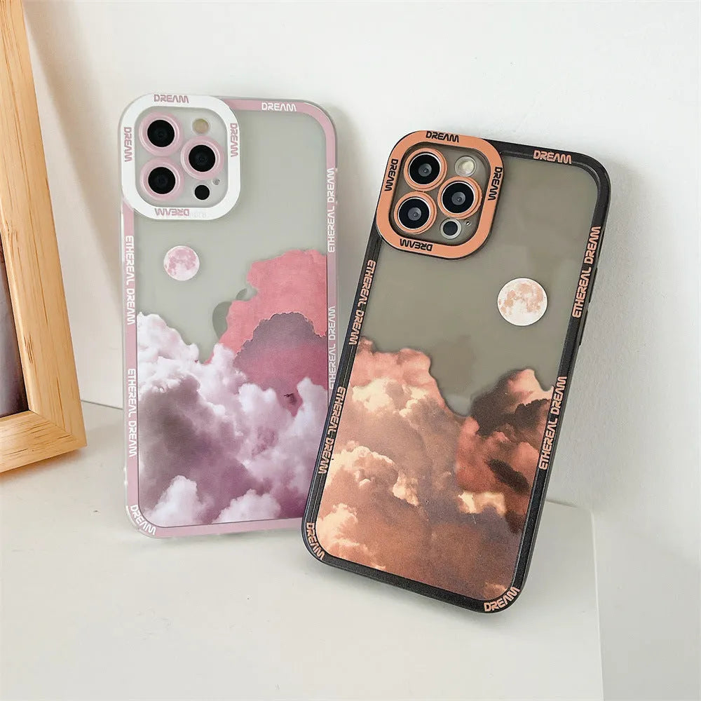 Sunset clouds design TPU back cover case for Apple iPhone in blue, orange or pink colour.