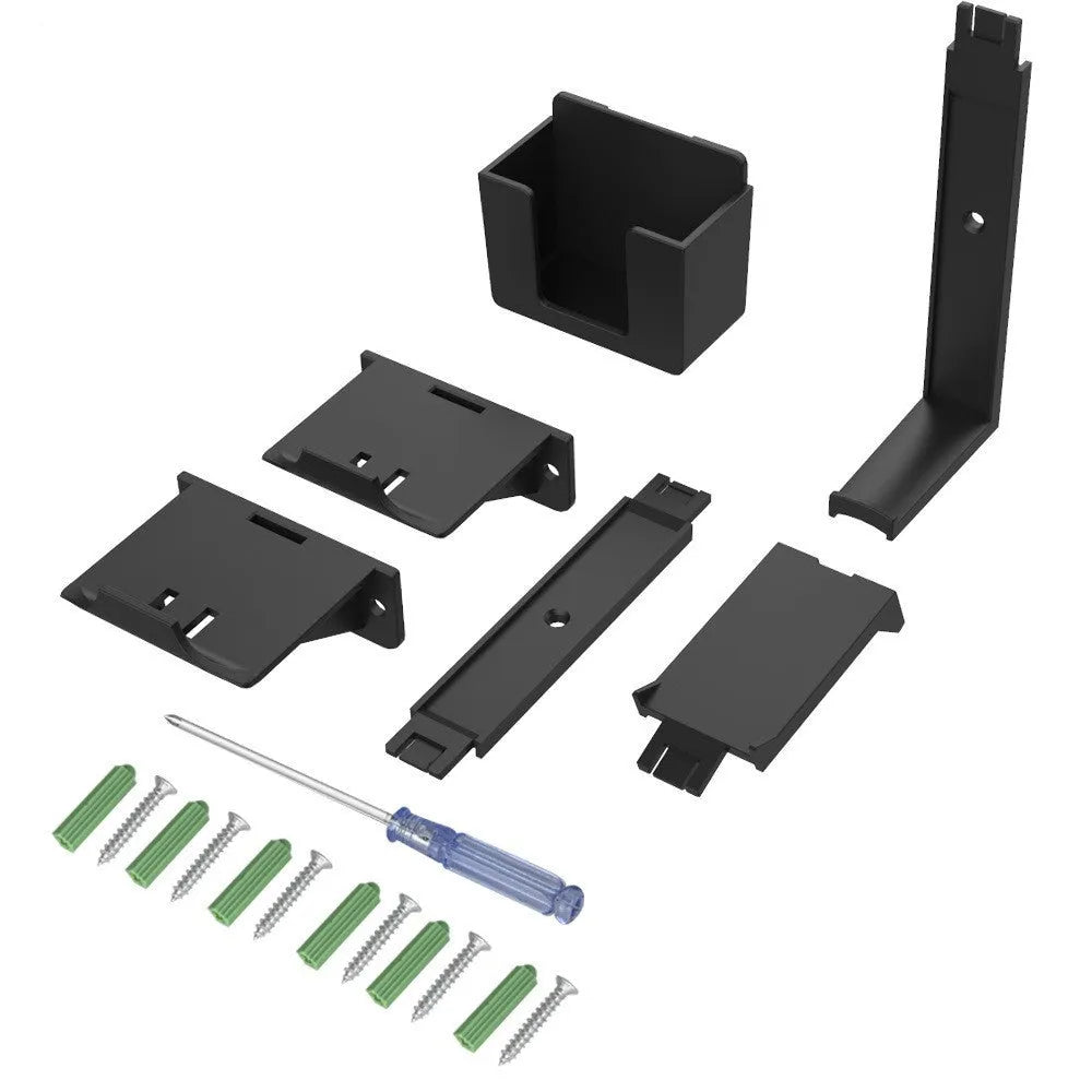 White and black wall-mounted plastic storage hook for gaming remote controls and headsets.