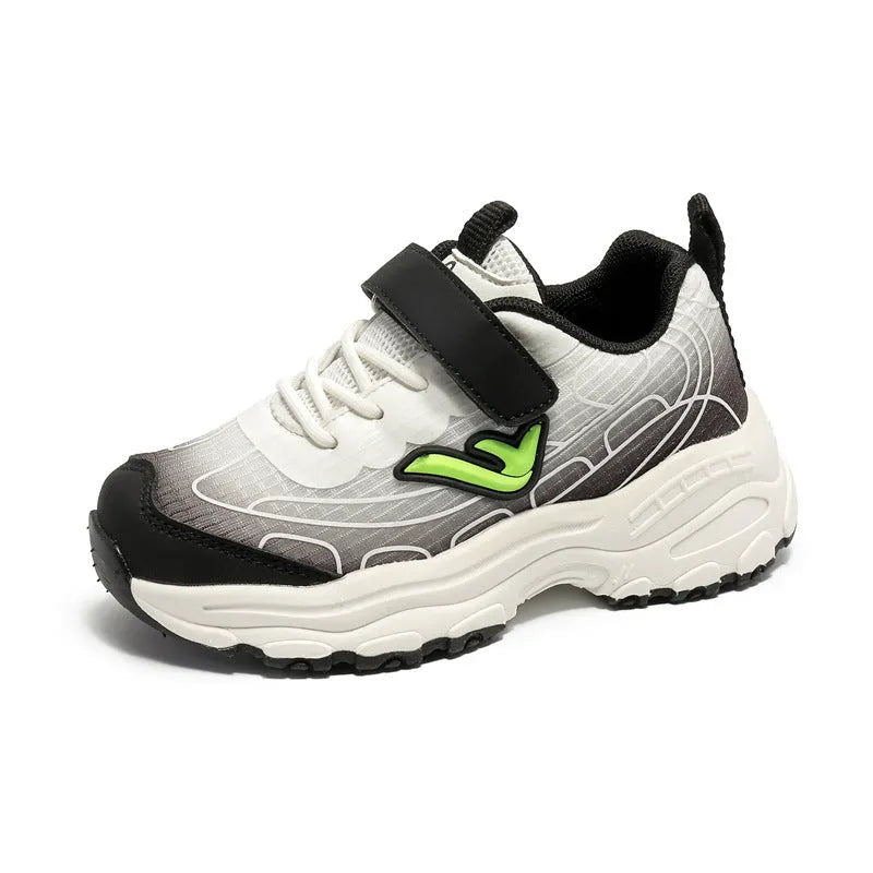 Children's black and purple striped dad shoes with lace-up front and rubber sole.