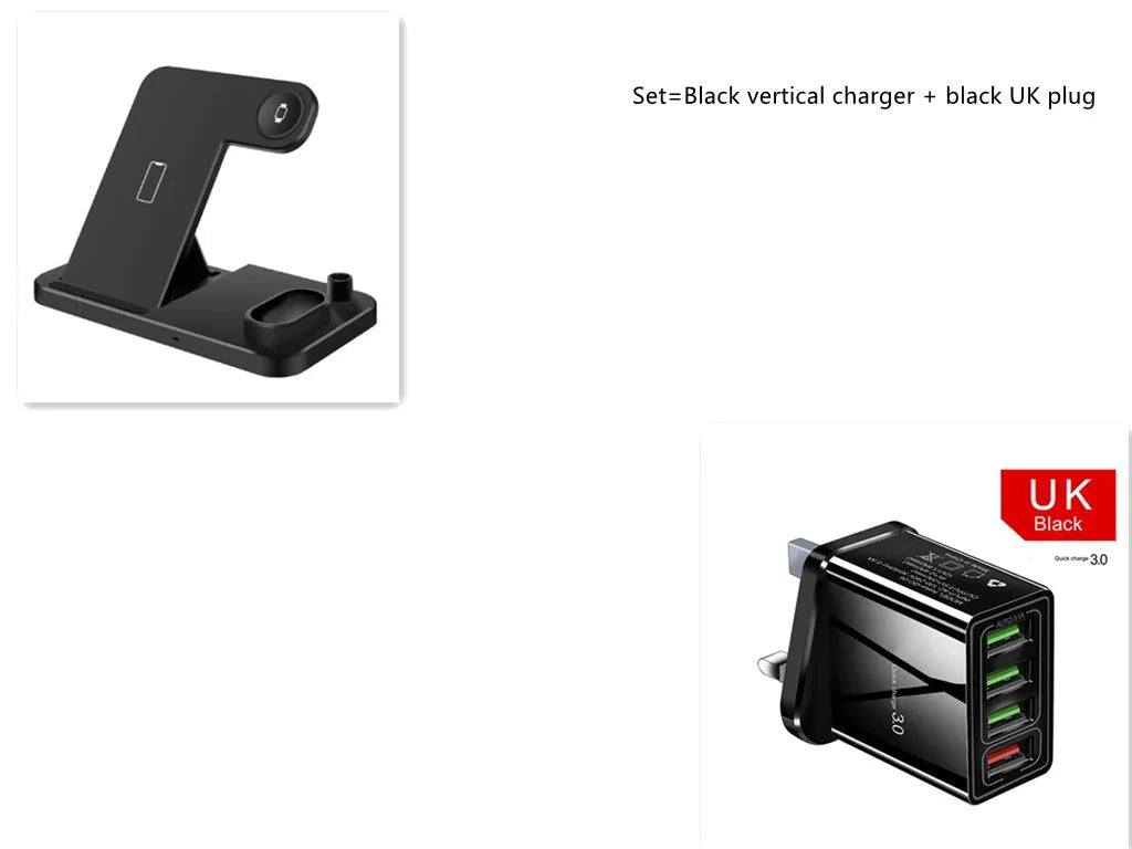 Black 4-in-1 wireless charging station showing phone on adjustable stand, with Apple Watch and AirPods charging on the base.