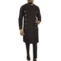 Men's African striped cotton robe two-piece set showing long-sleeve top and trousers.