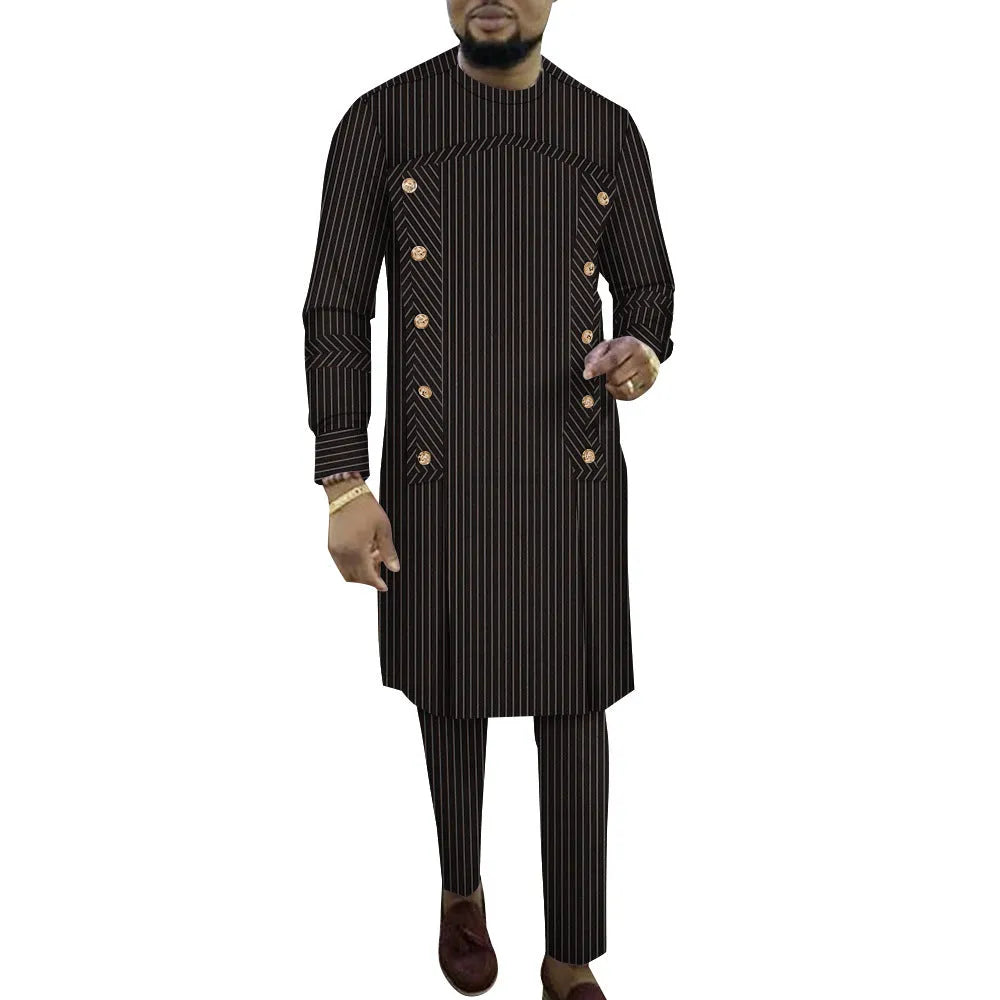 Men's African striped cotton robe two-piece set showing long-sleeve top and trousers.