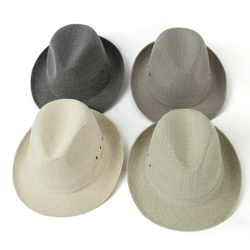 A thickened suit material fedora hat for men on a stand, shown in a dark colour.