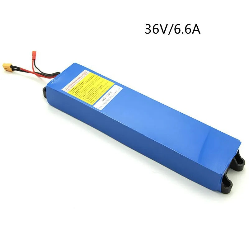Black 36V lithium-ion electric scooter battery pack showing three capacity options: 6.6Ah, 7.8Ah, and 10.4Ah.