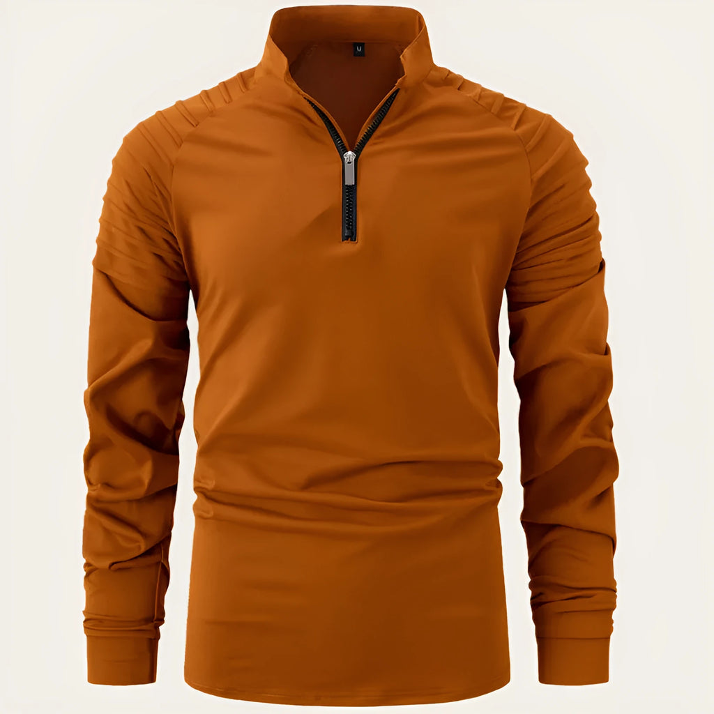 Cotton blend men's polo shirt with front zipper, slim fit, long sleeves, available in multiple colours for spring and autumn