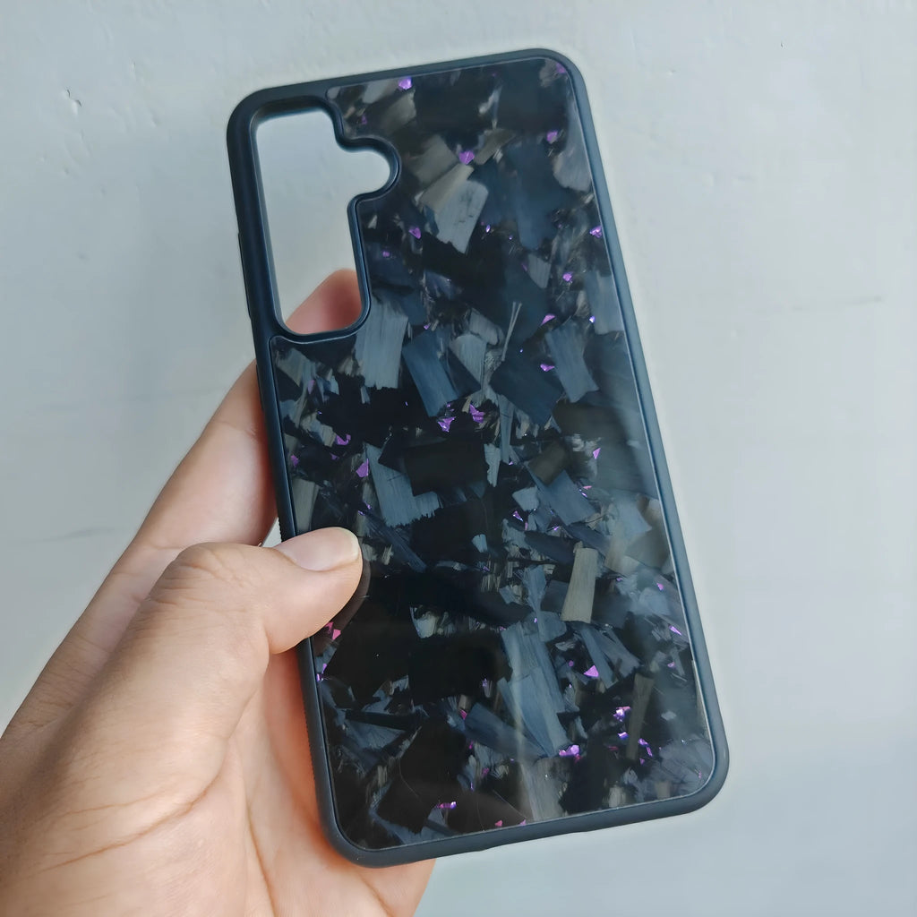 Forged carbon fiber phone case for Samsung S24 Ultra in black showing shockproof protective sleeve design