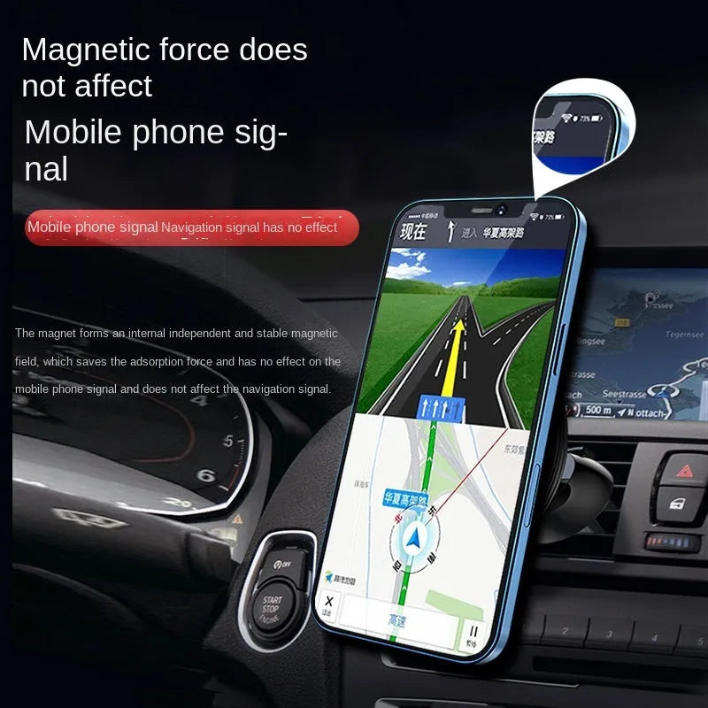 Black aluminium alloy magnetic car air vent phone holder attached to vehicle dashboard vent.