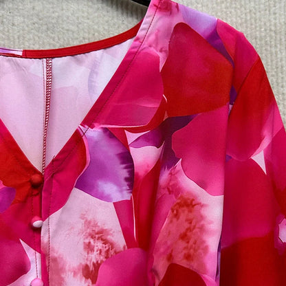 Red bell sleeve V-neck long pullover printed A-line skirt dress with A-line silhouette