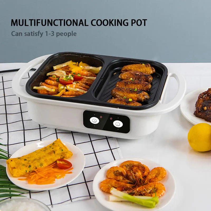 White electric hot pot frying oven with mechanical controls showing compact 390x220x120mm dimensions