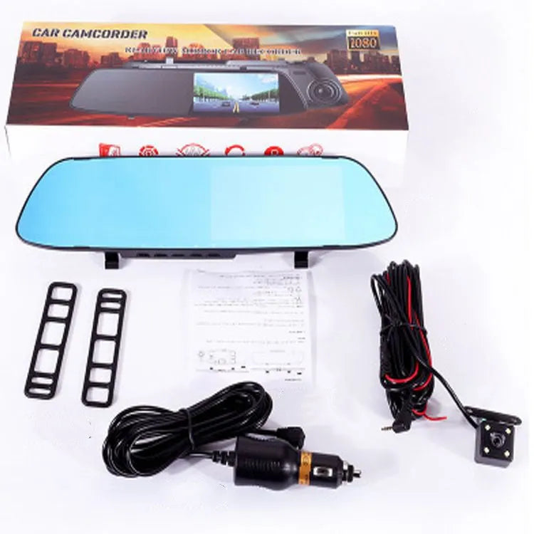 Rearview mirror recorder with 5-inch IPS screen showing HD reversing image and dual lens design