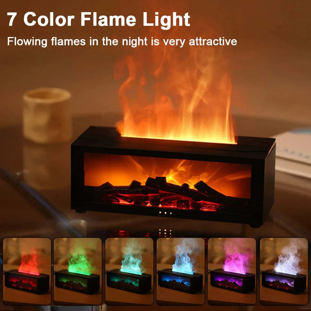 Square flame aromatherapy machine with 3D flame effect and LED lights, includes remote control