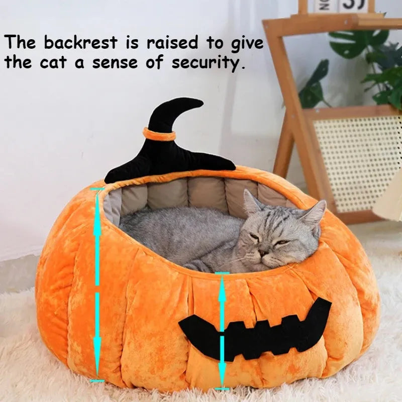 Halloween pumpkin cat bed with cartoon devil design in plush fabric for cats and small dogs