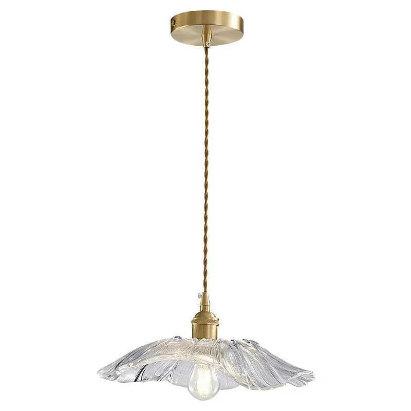 Nordic Japanese style Lotus Leaf Lamp with iron body and glass shade, shown as a pendant light
