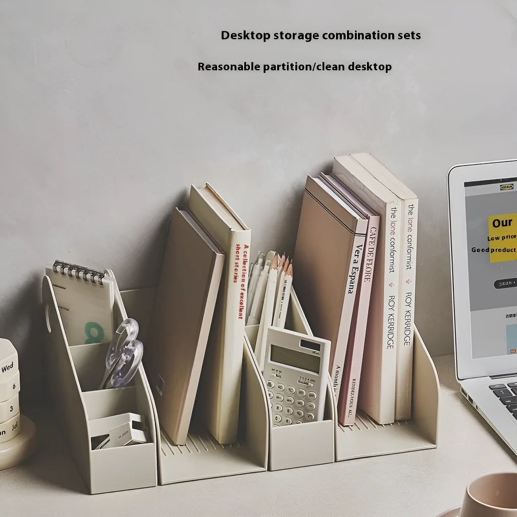 Plastic desktop storage box with two grids in milk coffee colour on a wooden desk.