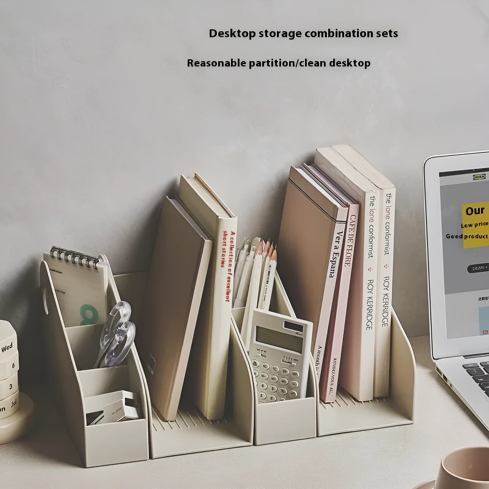 Plastic desktop storage box with two grids in milk coffee colour on a wooden desk.