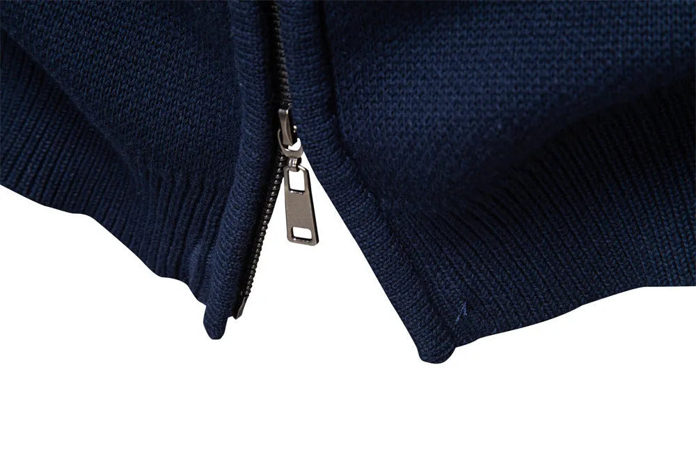 Men's cotton knitted zipper jacket in slim fit, available in army green, dark blue, and apricot colours