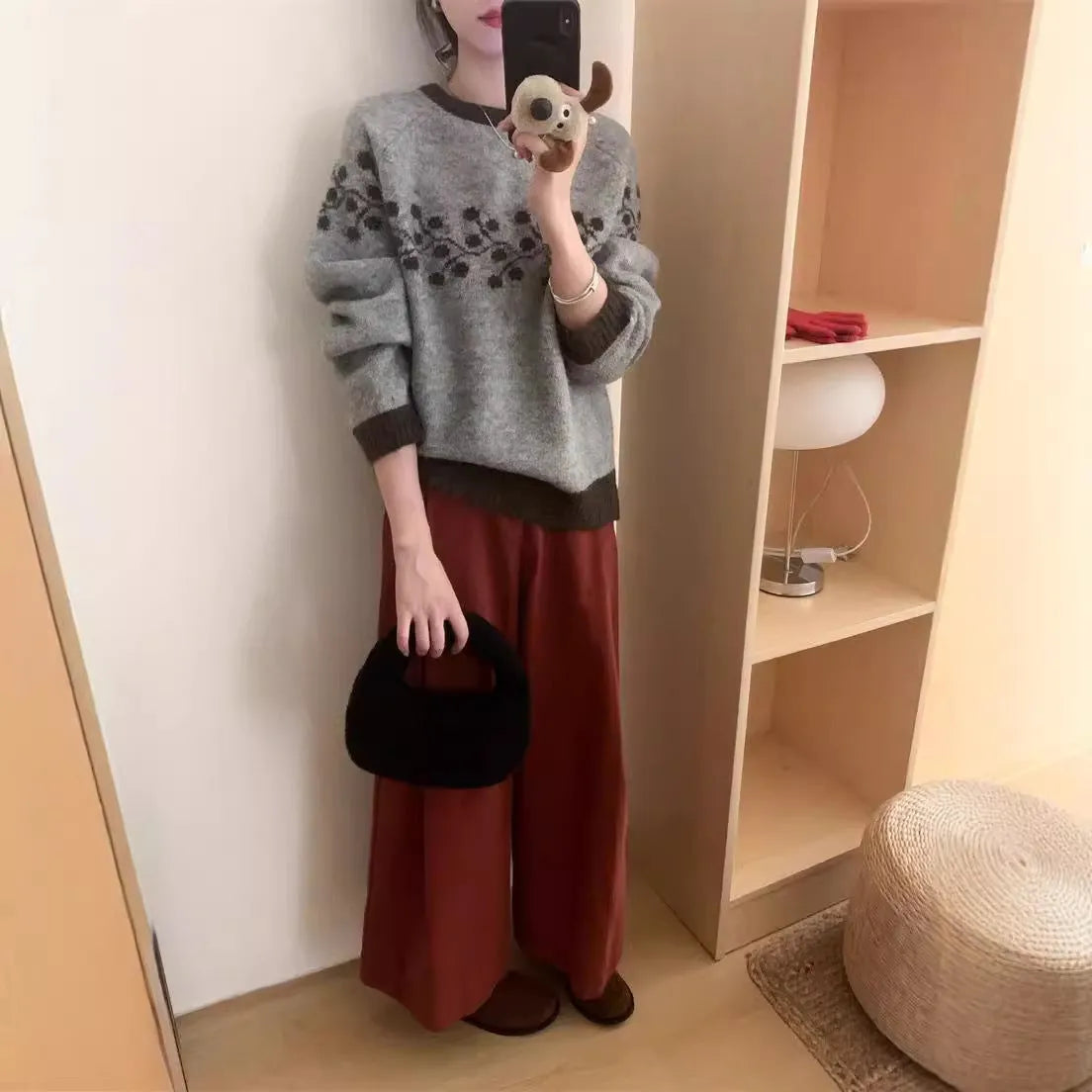 Korean style round neck jacquard colour-matched loose fit sweater in apricot, gray, and brown colourways