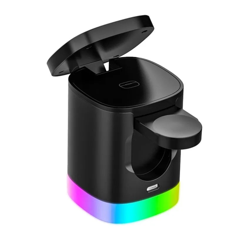 Black and white 3-in-1 magnetic wireless charging station with foldable cube design