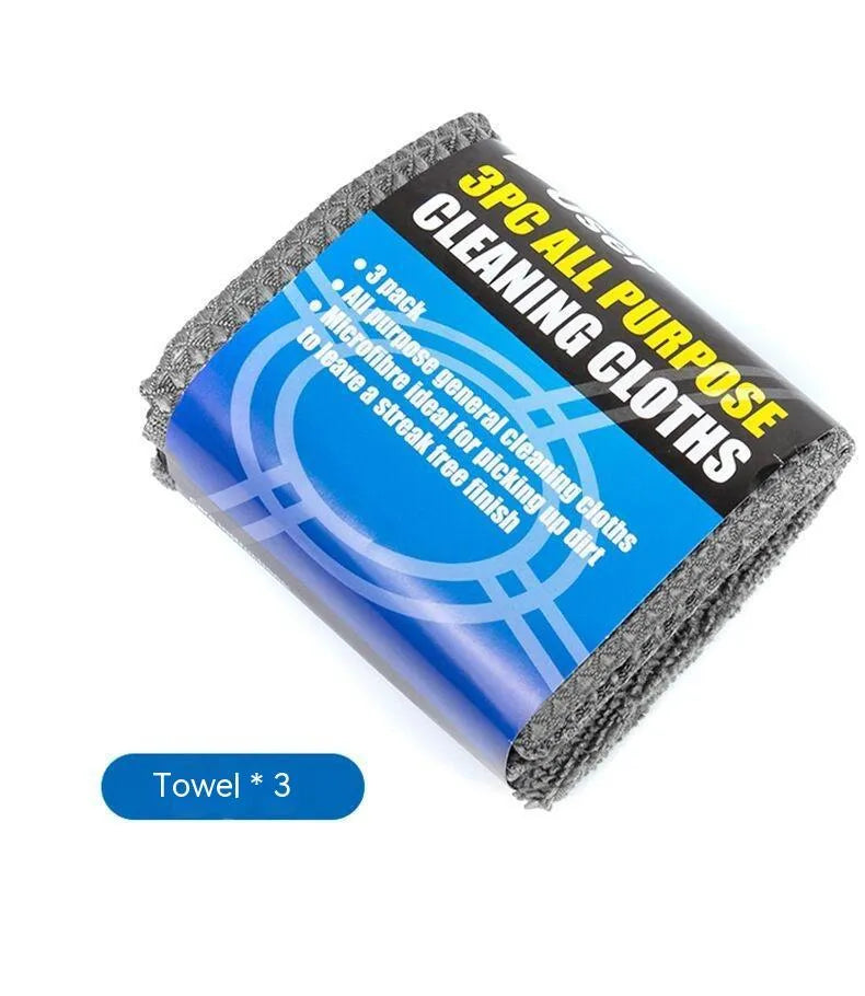 9-piece grey car wash cleaning set with microfiber towels, sponge, tire brush and waxing wipes
