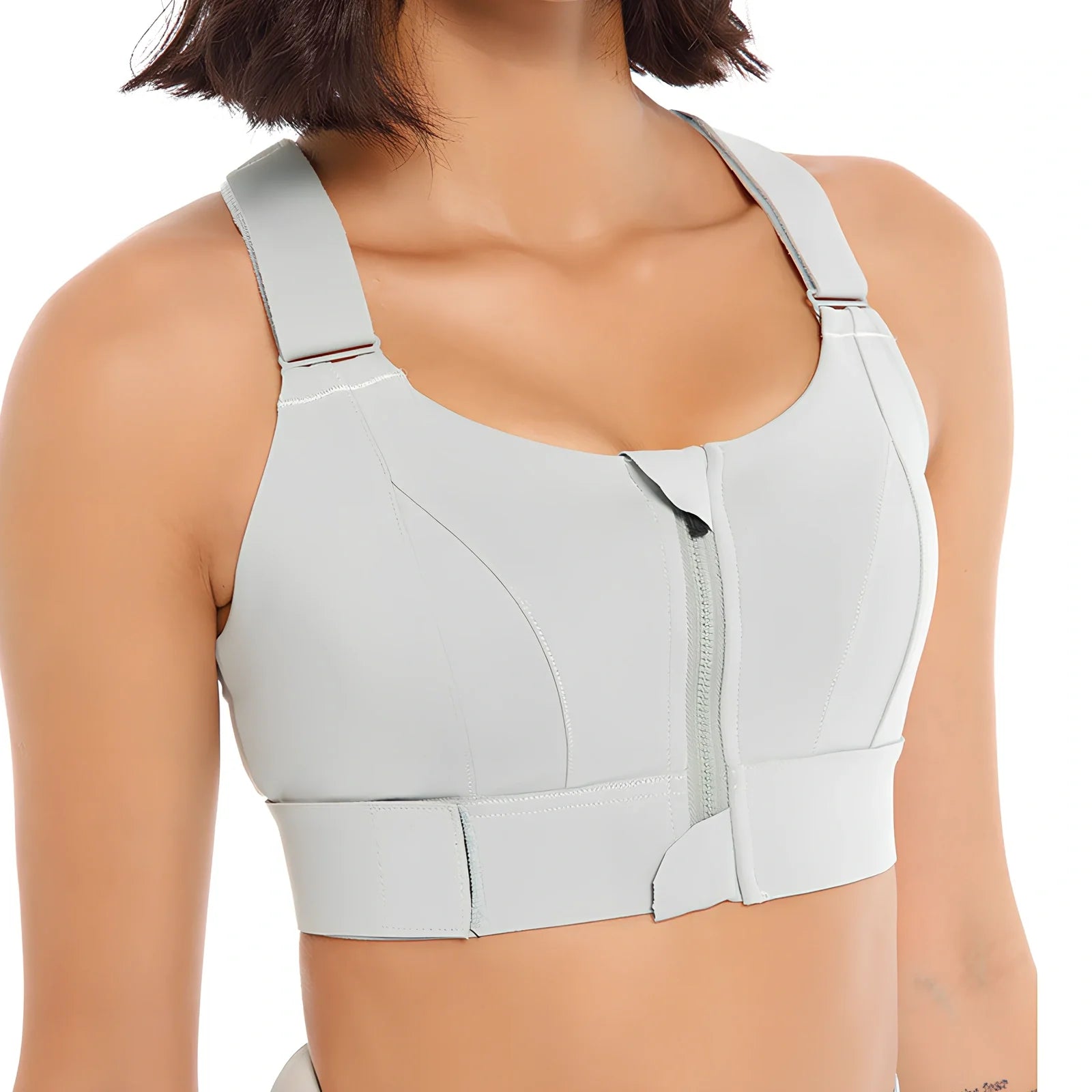 Women's black seamless sports bra with front zipper closure for high-impact workouts