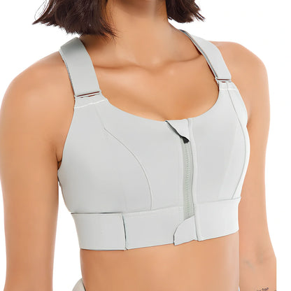 Women's black seamless sports bra with front zipper closure for high-impact workouts