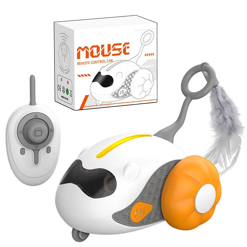 Charging cat teaser remote control toy with replaceable feather attachments in blue and orange colour options