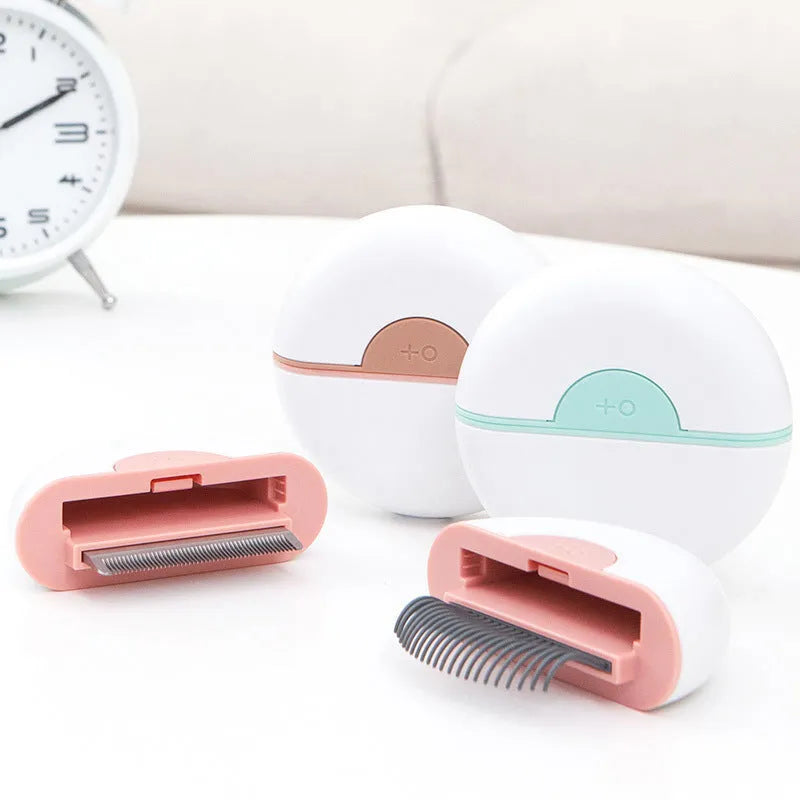 Steel and alloy pet grooming comb for cats and dogs on a neutral background, available in coffee, green, and pink