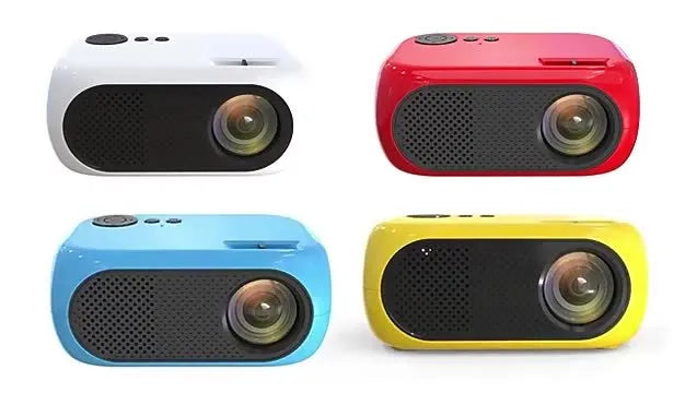 M24 micro mini LED projector in gold or white colour with compact design showing power adapter and AV cable accessories