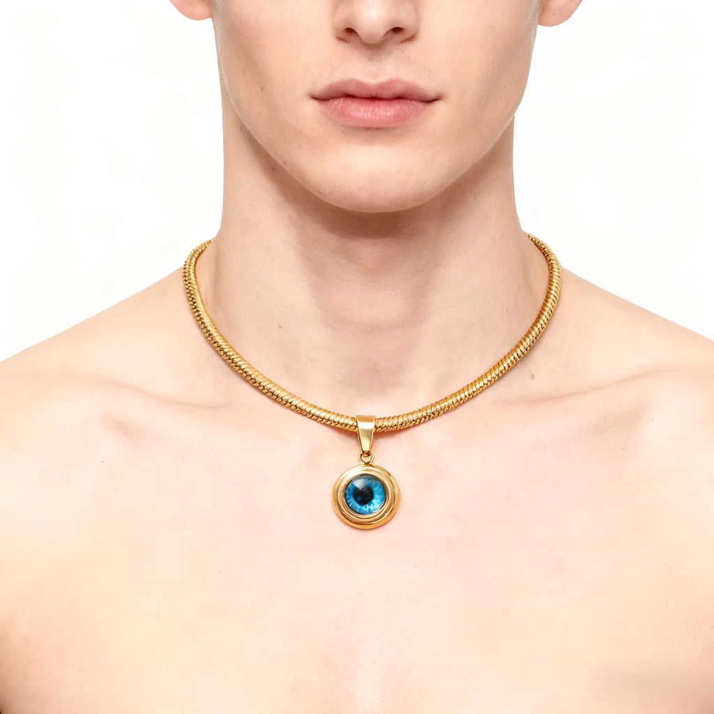 Angel Eyes titanium steel necklace with gold plating and coloured glaze eye pendant on snake bones chain