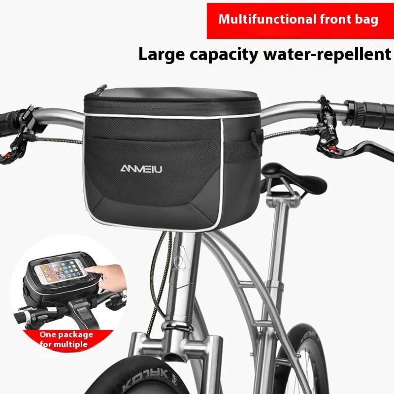 Black 7-inch polyester bicycle handlebar bag mounted on bike, showing compact folding design.