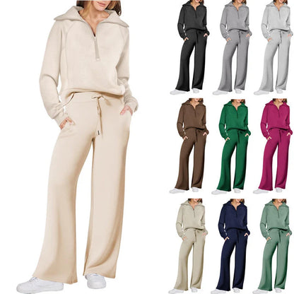 Women's leisure sports suit with long-sleeve zipper sweatshirt and wide leg pants in various colours