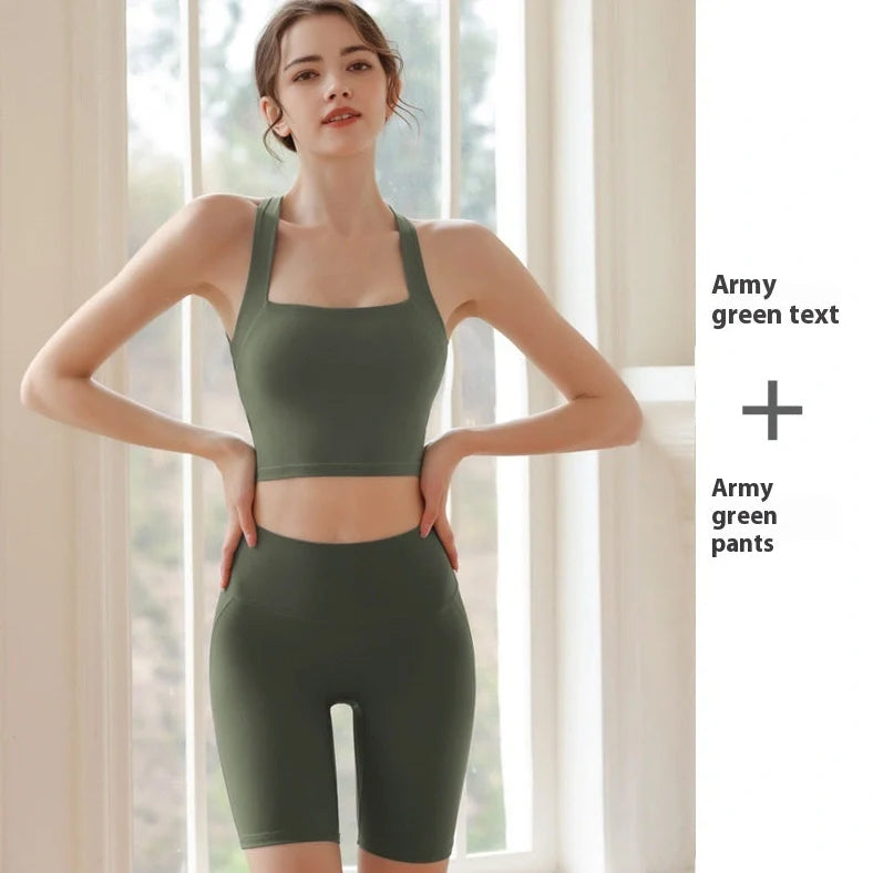 Cross Gathered Beauty Back Exercise Bra with Chest Pad: Quick-drying Nylon Fabric for Running and Yoga, Available in Sizes S to XL with 12 Colour Options Including Army Green and Tide Blue