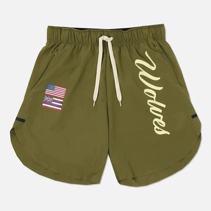 Men's casual running shorts in black, navy blue, wine red, and army green, featuring breathable wicking fabric.